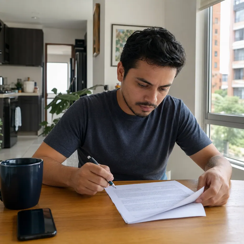 Persona revisando un contrato de arriendo en Colombia con papeles sobre la mesa