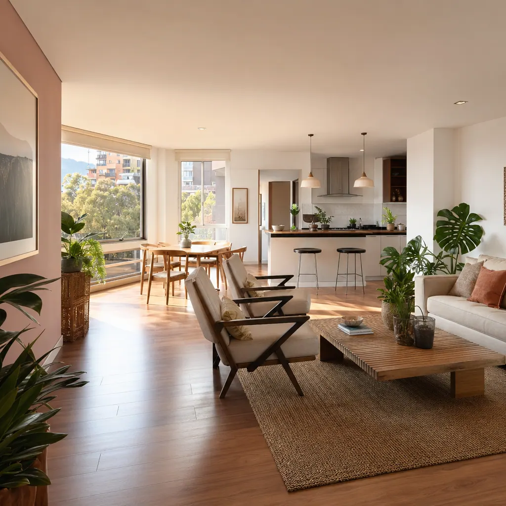 Interior de apartamento colombiano bien iluminado, sala abierta con luz natural