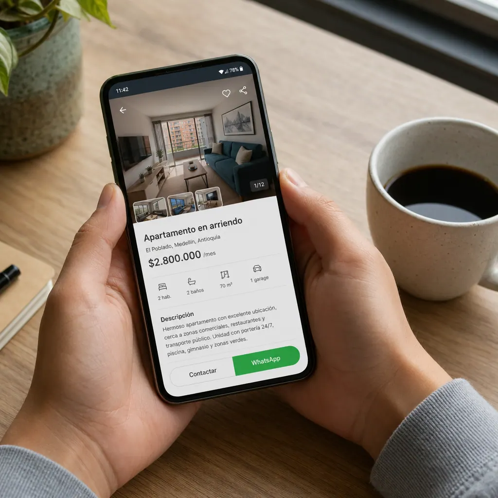 Persona revisando un anuncio de arriendo en smartphone — cómo verificar si un aviso es real en Colombia
