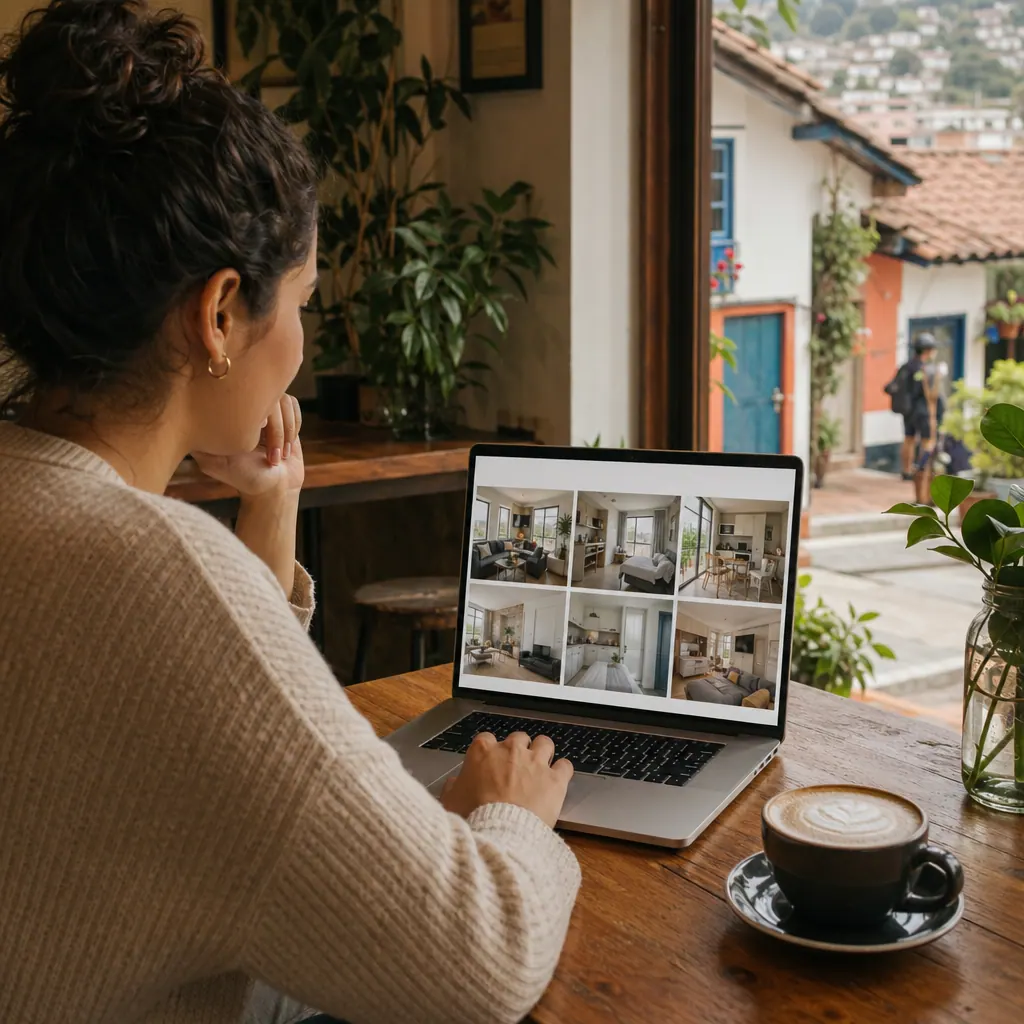 Persona revisando anuncios de arriendo en una laptop en un café colombiano