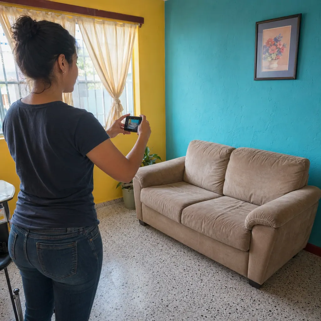 Persona colombiana fotografiando un mueble con el celular para publicar un aviso de venta en clasificados