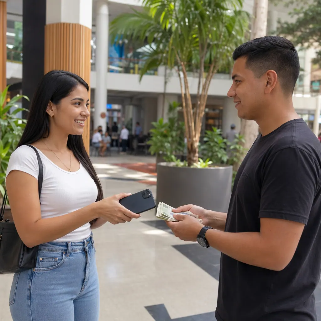 Dos personas cerrando un trato en un lugar público seguro en Colombia