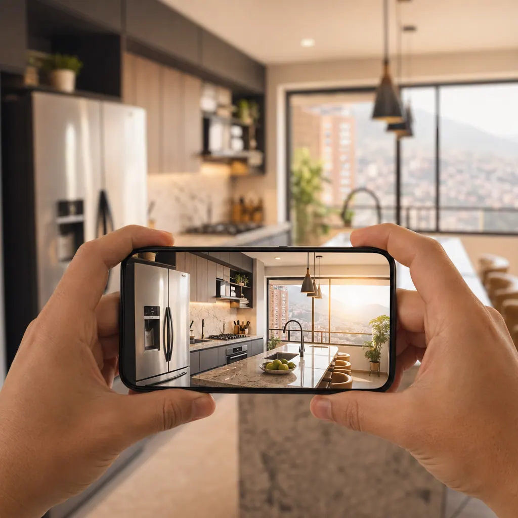 Manos sosteniendo un celular moderno tomando fotos de una cocina bien iluminada en un apartamento colombiano