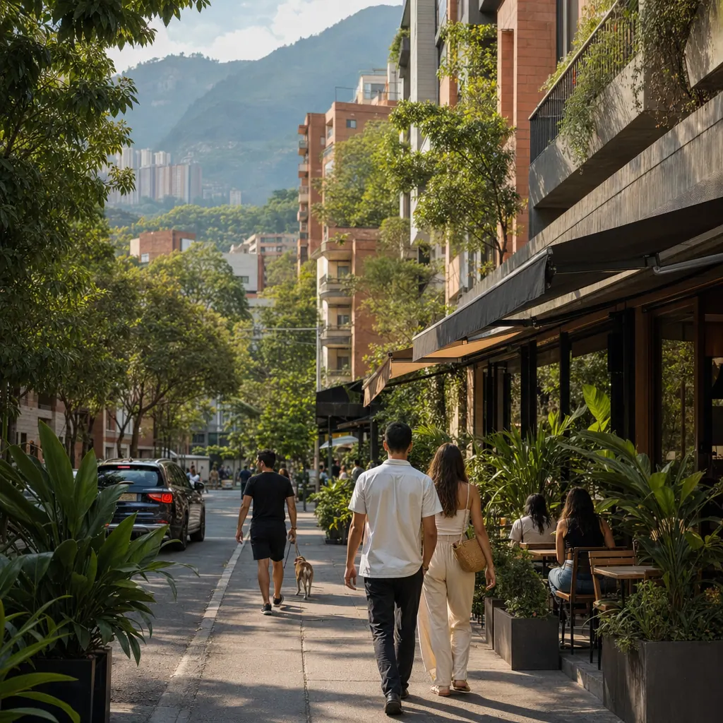 Medellín neighborhood street with apartments, trees, and mountains