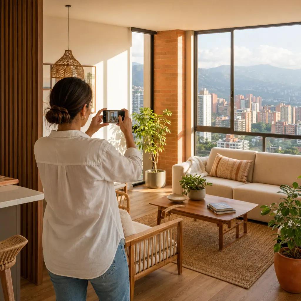 Apartamento bien iluminado siendo fotografiado para publicar en clasificados colombianos