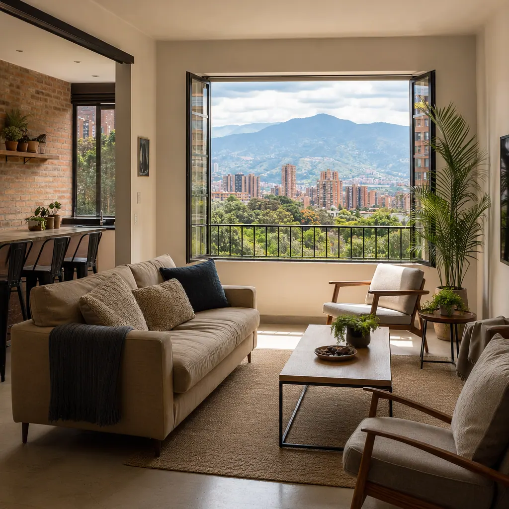 Bright Medellin apartment interior with mountain view through window