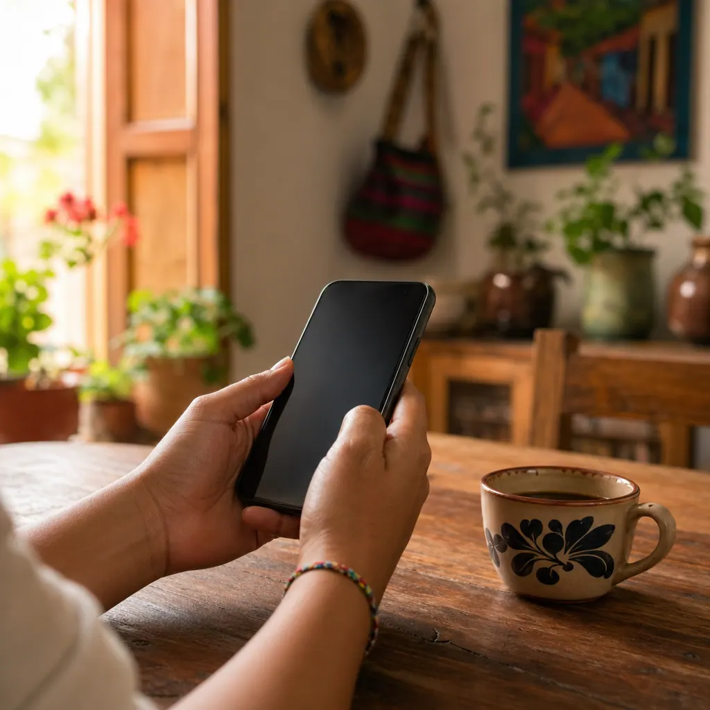 Manos sosteniendo un celular en una mesa de madera en casa colombiana — ambiente casero y cálido