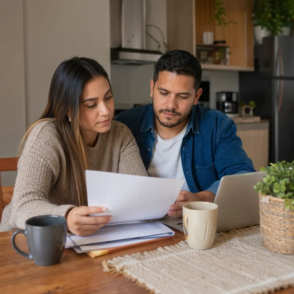 Pareja revisando documentos de arriendo en Colombia
