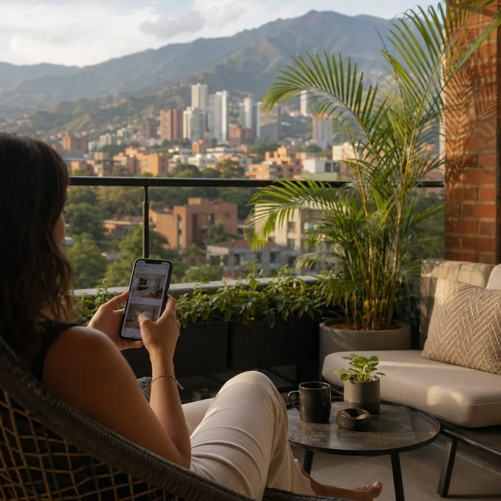 Persona buscando arriendo temporal en Colombia desde el balcón de un apartamento en Medellín