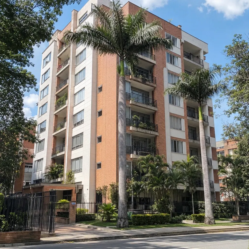 Edificio residencial típico en barrio popular de Medellín con avisos de arriendo en balcones