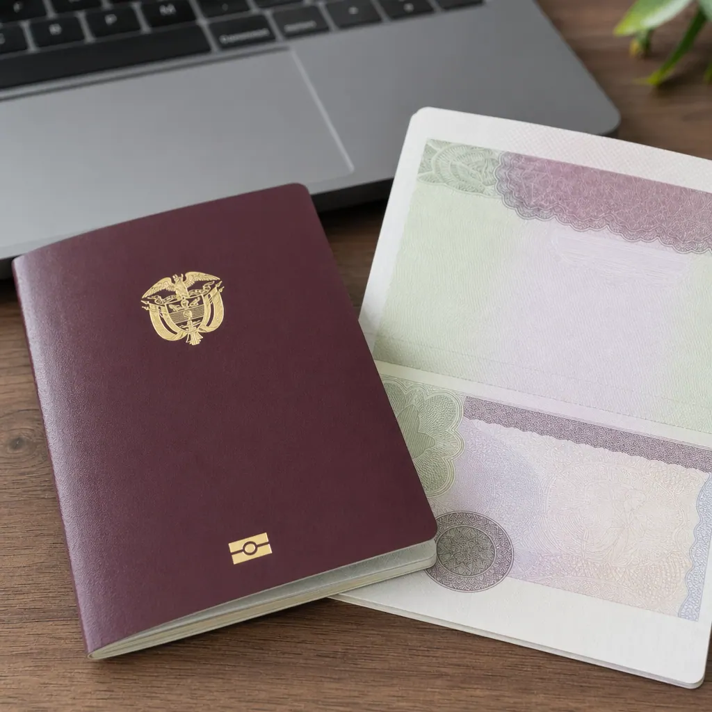 Passport and visa documents on a wooden desk with laptop in background