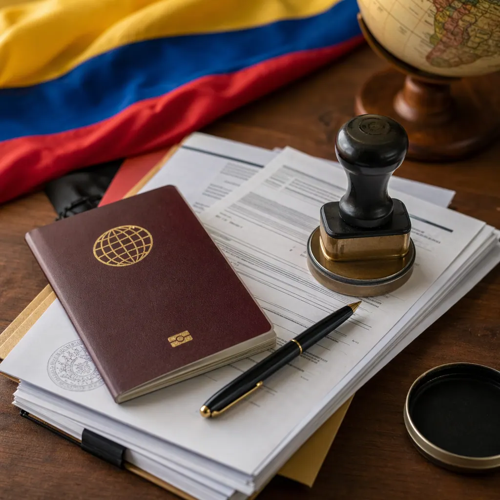 Passport and Colombian marriage visa documents arranged on a desk