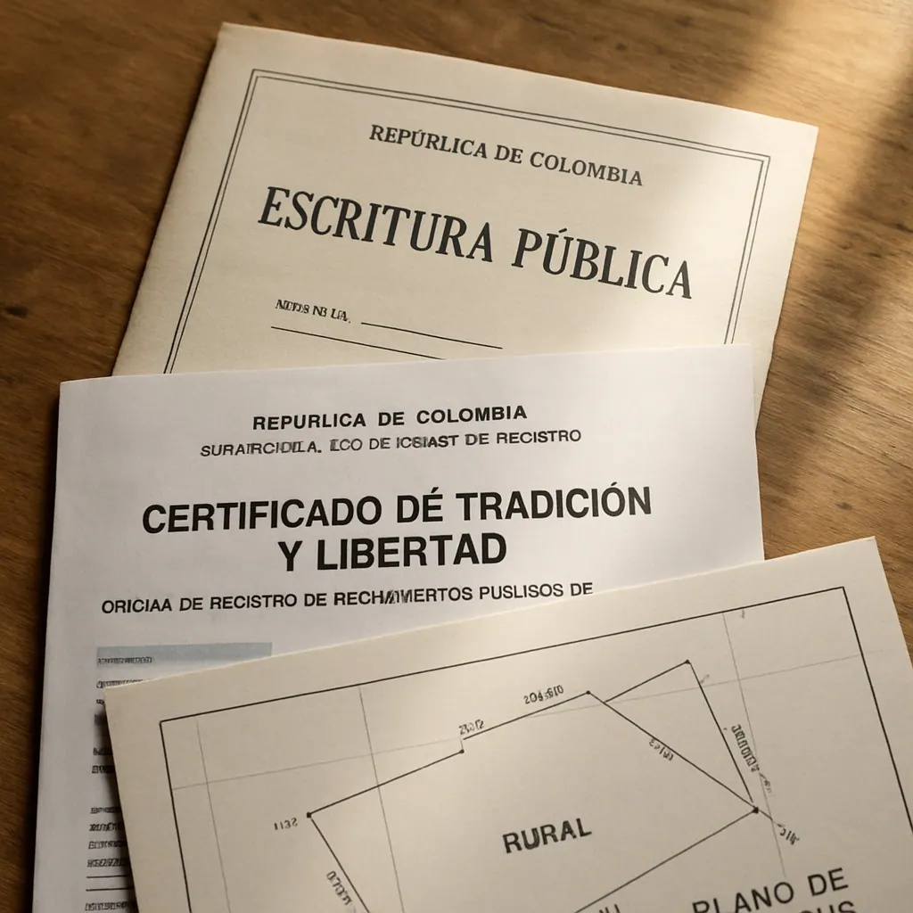 Documentos de un predio rural colombiano sobre una mesa de madera — escritura pública, certificado de tradición y plano catastral