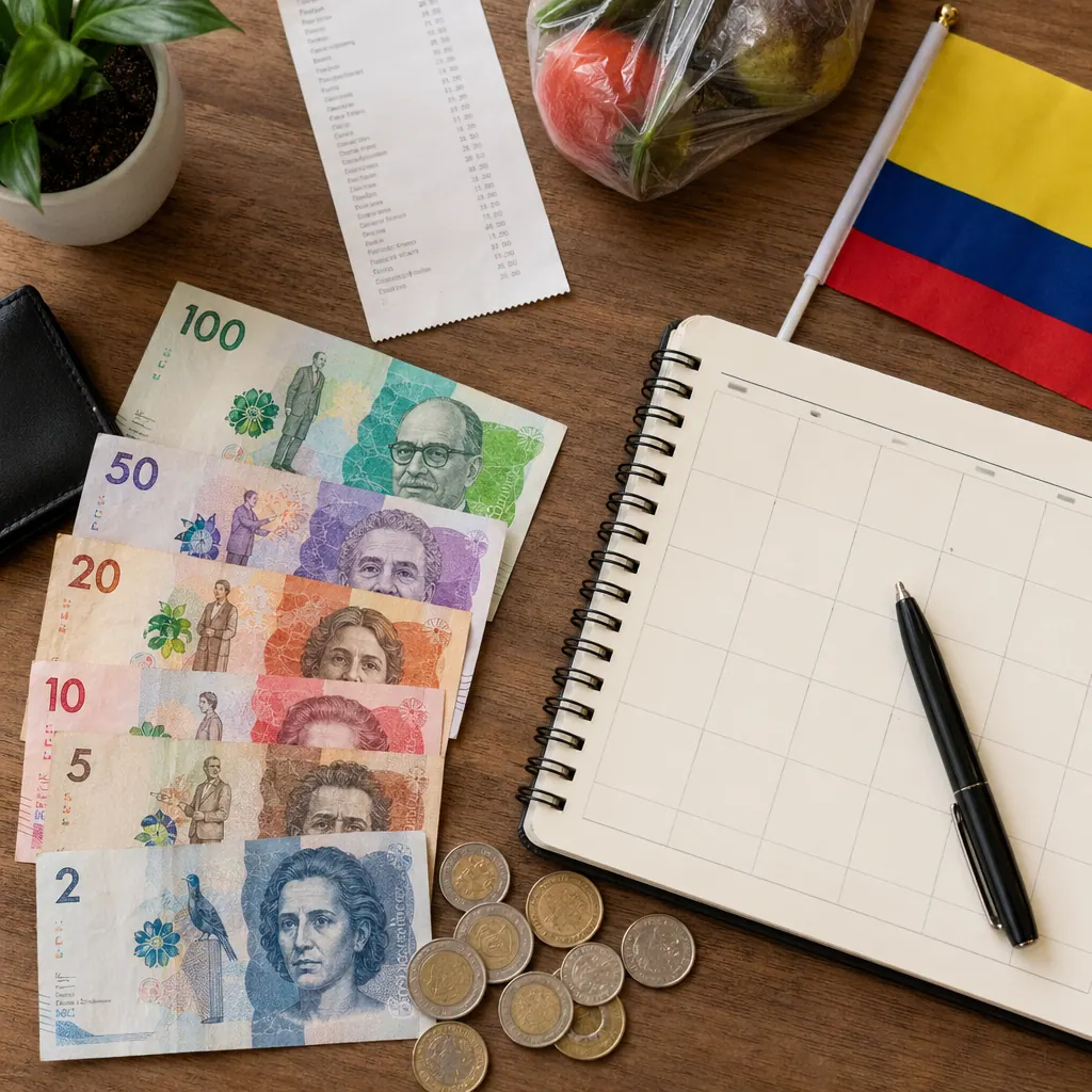 Colombian pesos and grocery budget laid out on a table