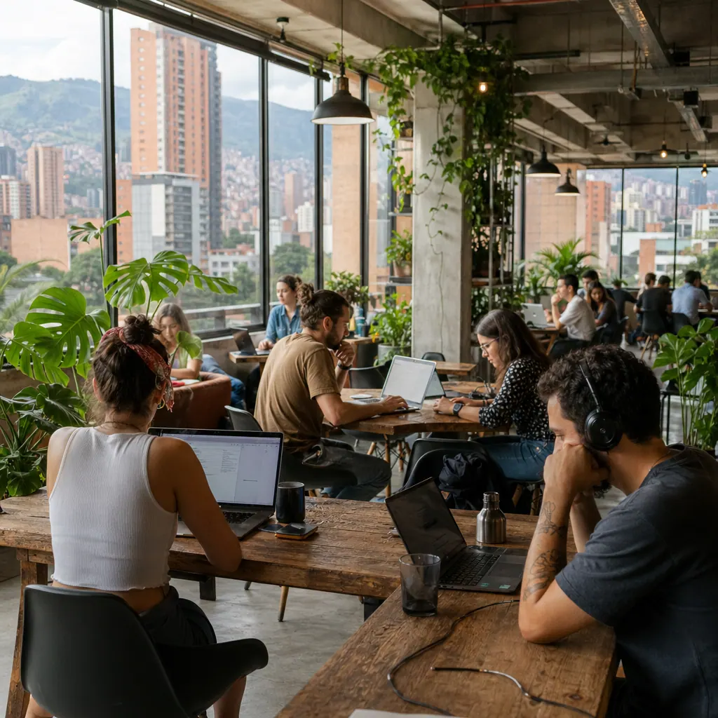 Digital nomads working at laptops in a Medellín coworking space with city views and natural light