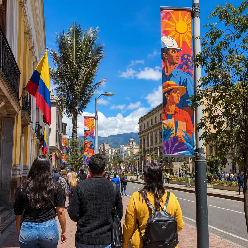 Bogotá street scene on Colombian Labor Day with festive banners and palm trees