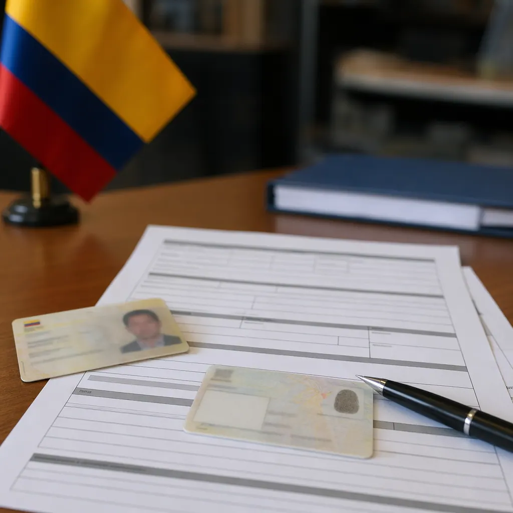 Documentos para trámites en Colombia — cédula, RUT y formularios sobre un escritorio