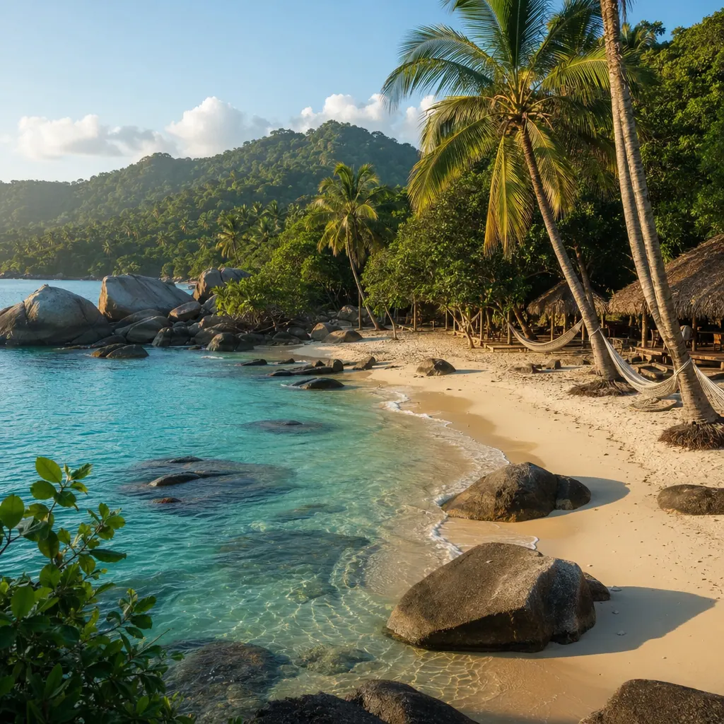 Tayrona National Park beach — turquoise Caribbean water, jungle-covered hills, and white sand