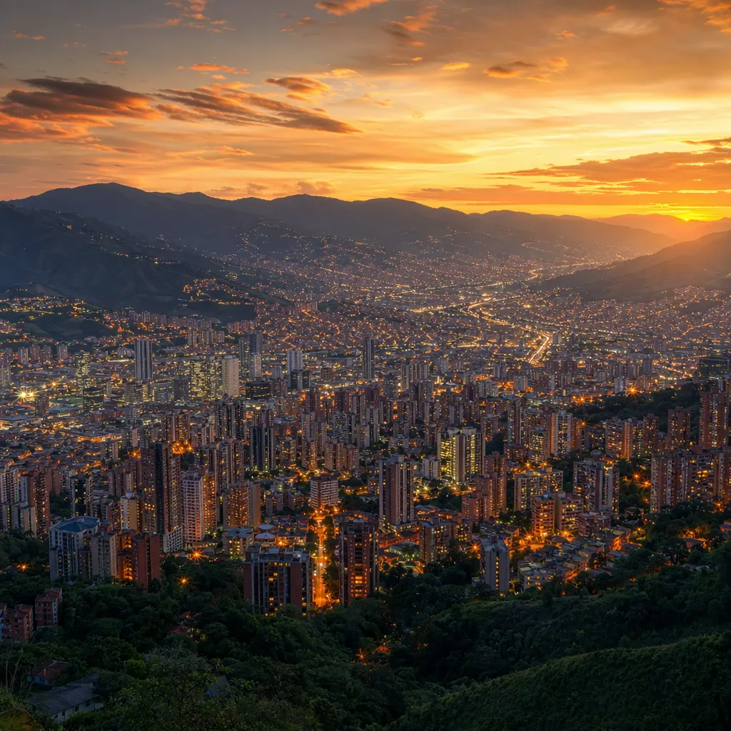 Aerial view of Medellín's Aburrá Valley at golden hour, surrounded by green mountains