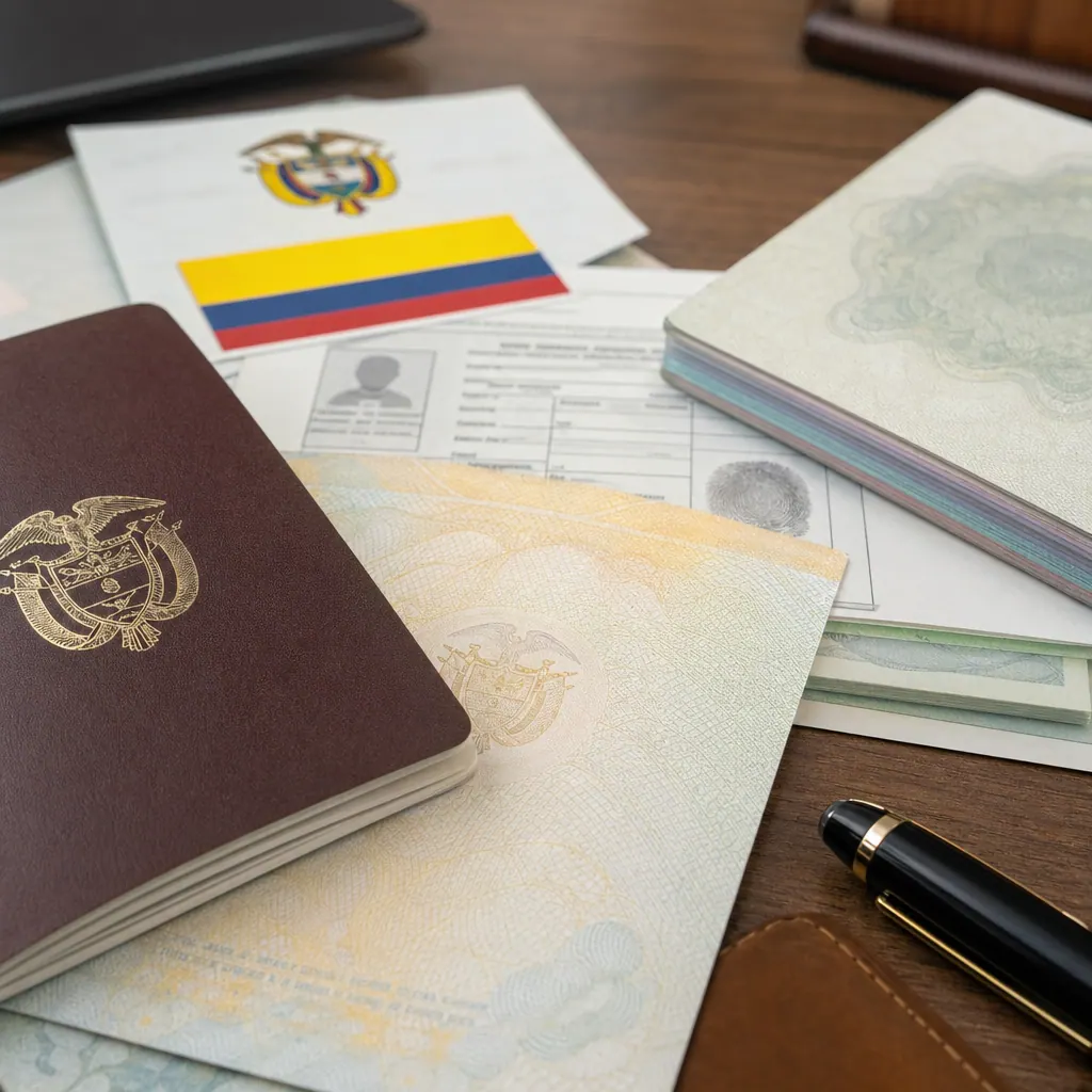 Colombian passport and immigration documents on a wooden desk