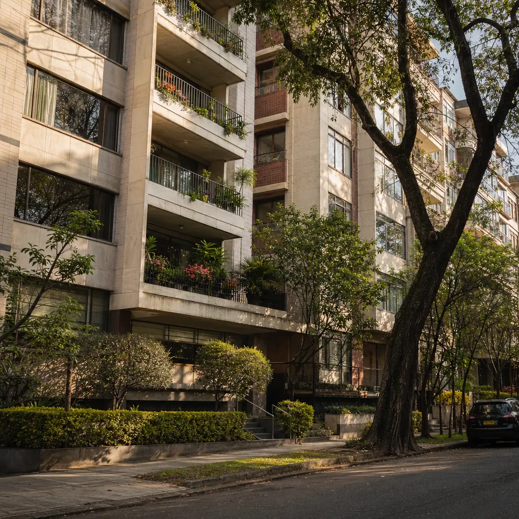 Edificio de apartamentos residencial en Colombia, típico de barrios de clase media en Medellín o Bogotá