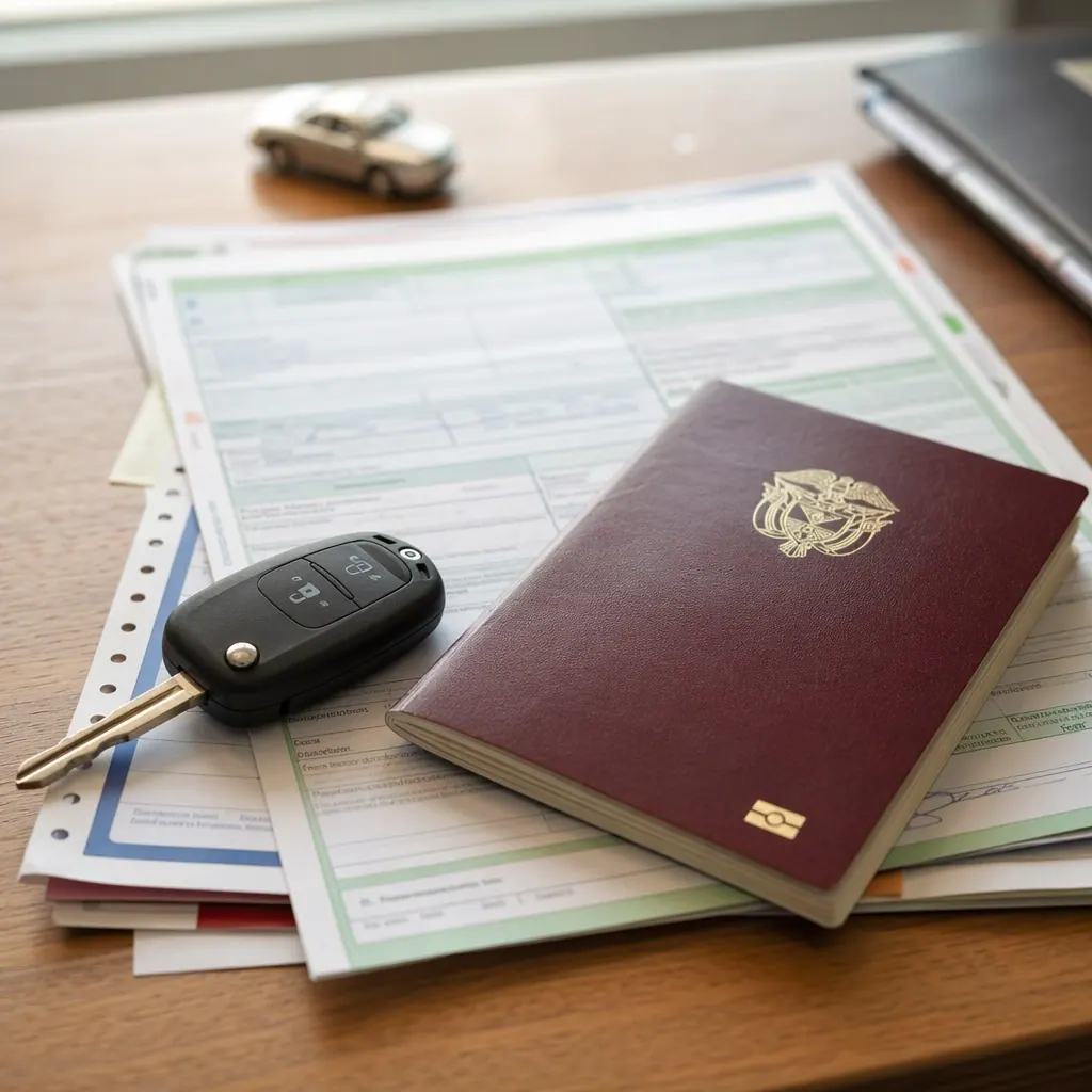 Documentos de importación de la DIAN sobre un escritorio con llave de carro y pasaporte colombiano
