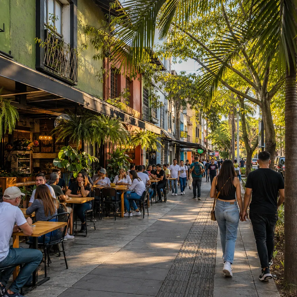 Laureles neighborhood Medellín — cafe terraces and palm-lined streets